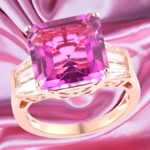 NWT ASSCHER CUT AFRICAN LILAC QUARTZ & WHITE ZIRCON ROSE GOLD OVER STERLING RING